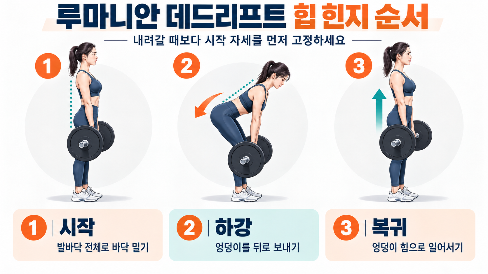 루마니안 데드리프트 동작 순서를 설명한 정보카드