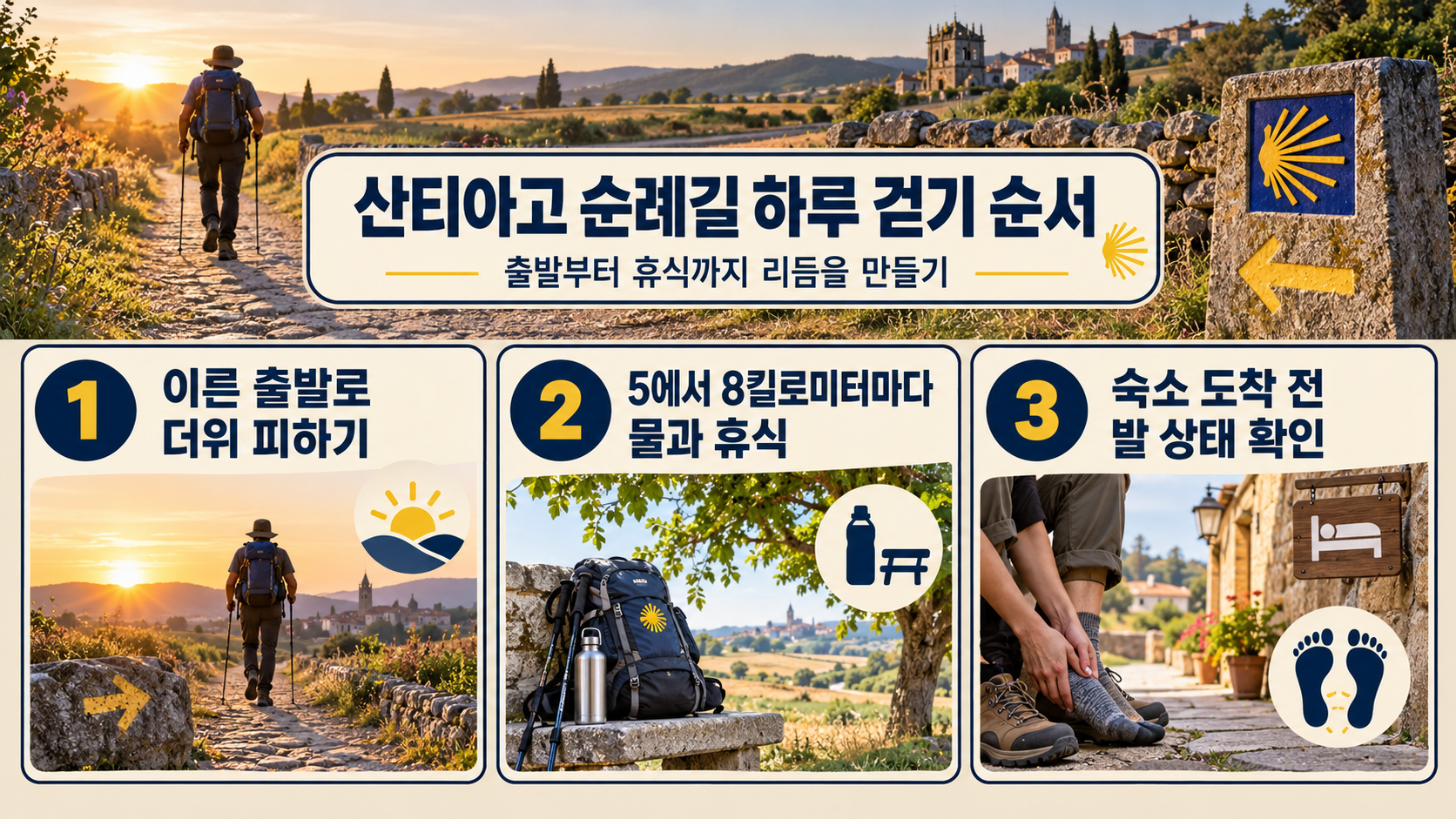 산티아고 순례길 출발 전 준비 순서를 보여주는 정보카드