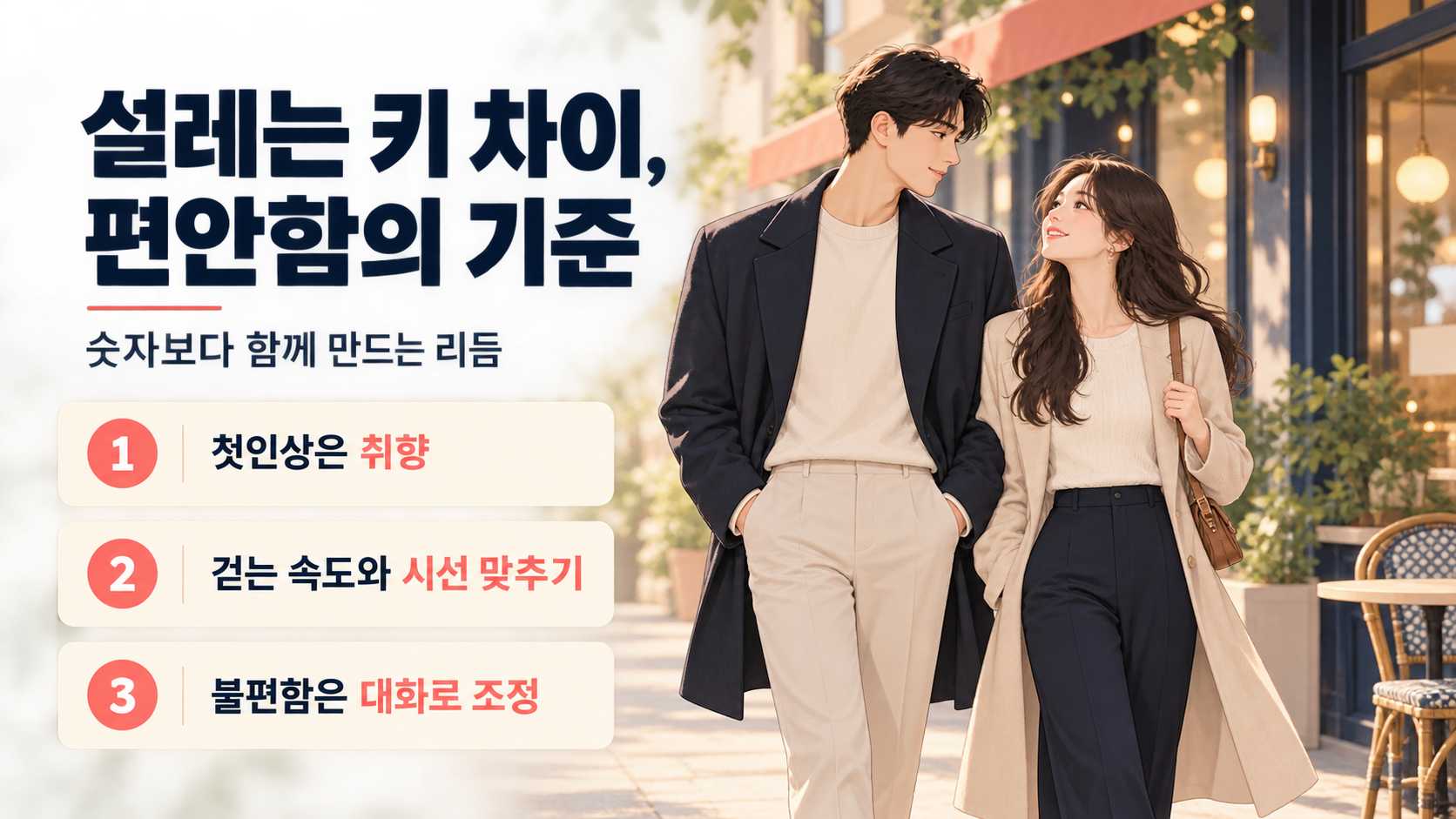 커플이 키 차이보다 서로의 시선을 맞추는 장면을 설명한 정보카드