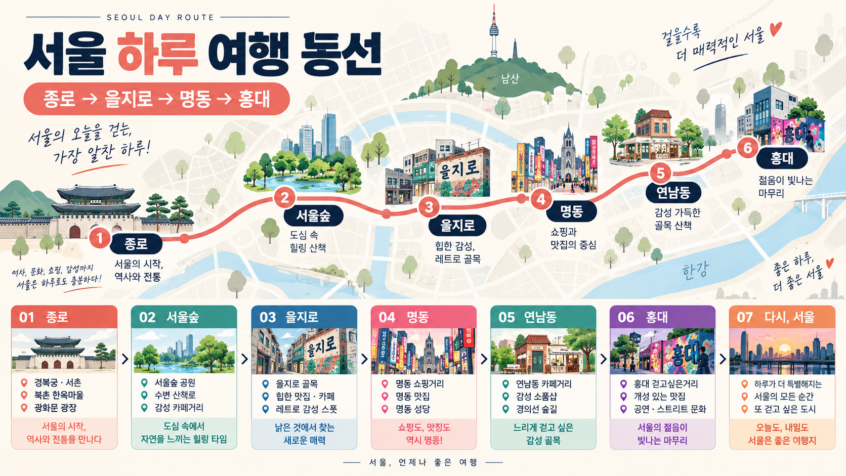 서울 여행자가 지도와 카메라를 보며 종로에서 홍대까지의 일정을 확인하는 장면