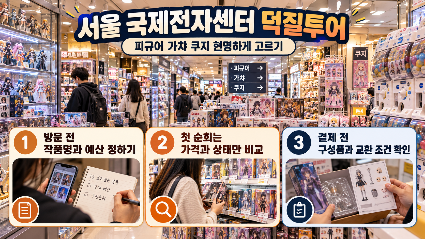 서울 국제전자센터에서 피규어와 가챠 쿠지를 살피는 안내 카드