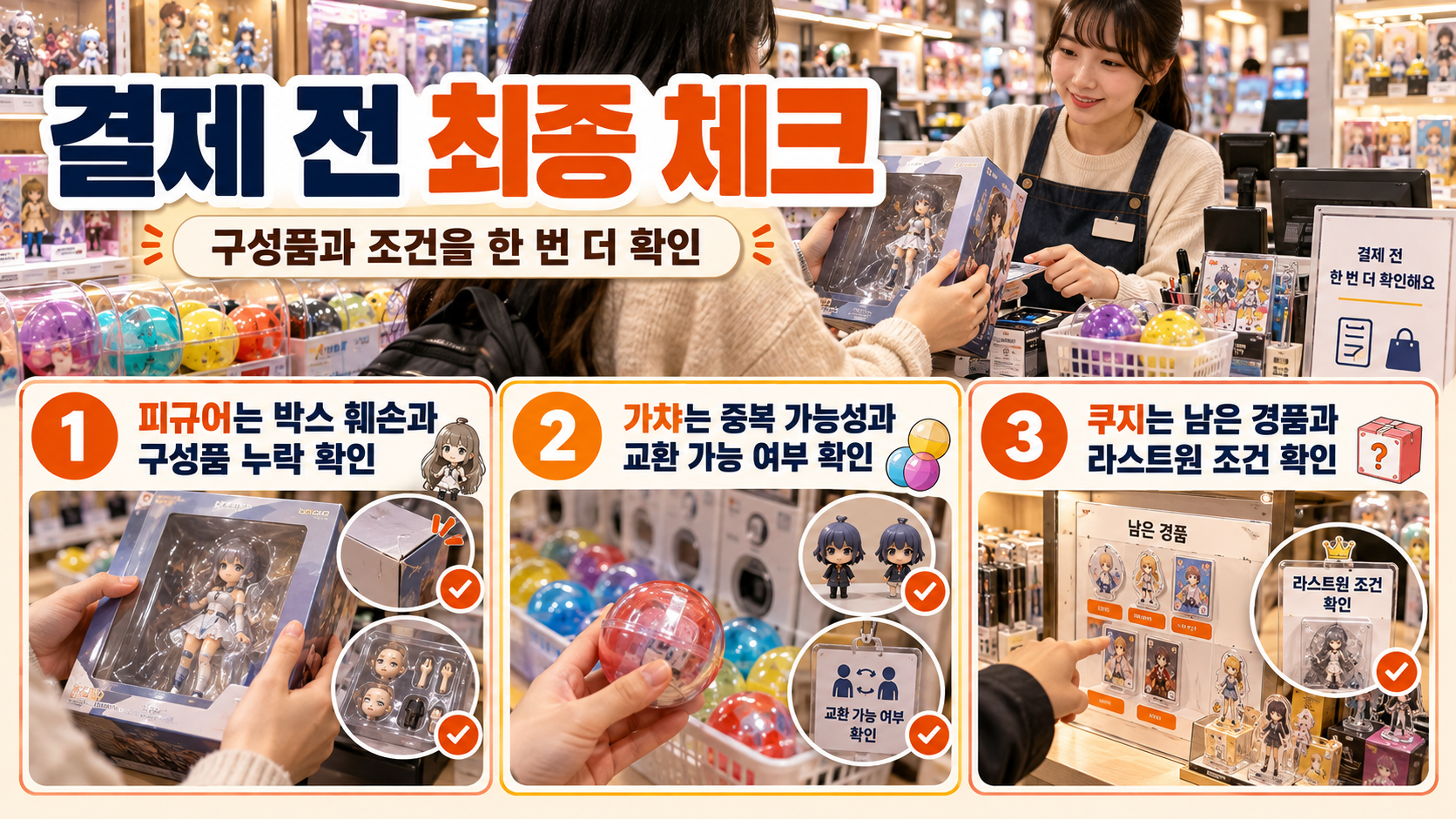 피규어와 가챠 쿠지 상품을 고르는 체크리스트 카드