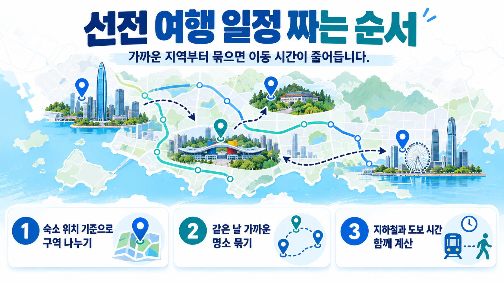 선전 여행 일정 구성 순서를 보여주는 정보 카드