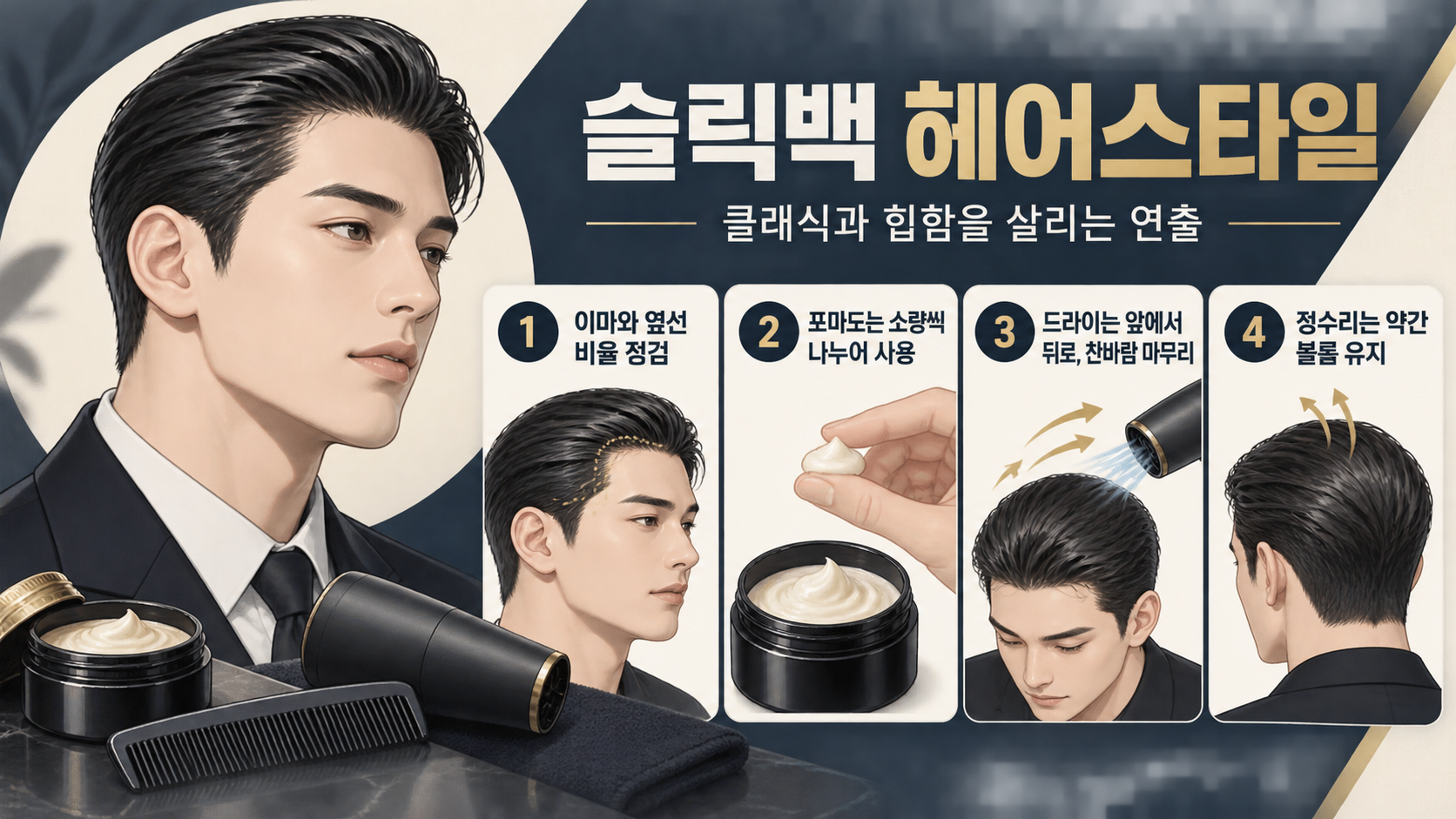 슬릭백 헤어스타일 핵심 연출 정보카드