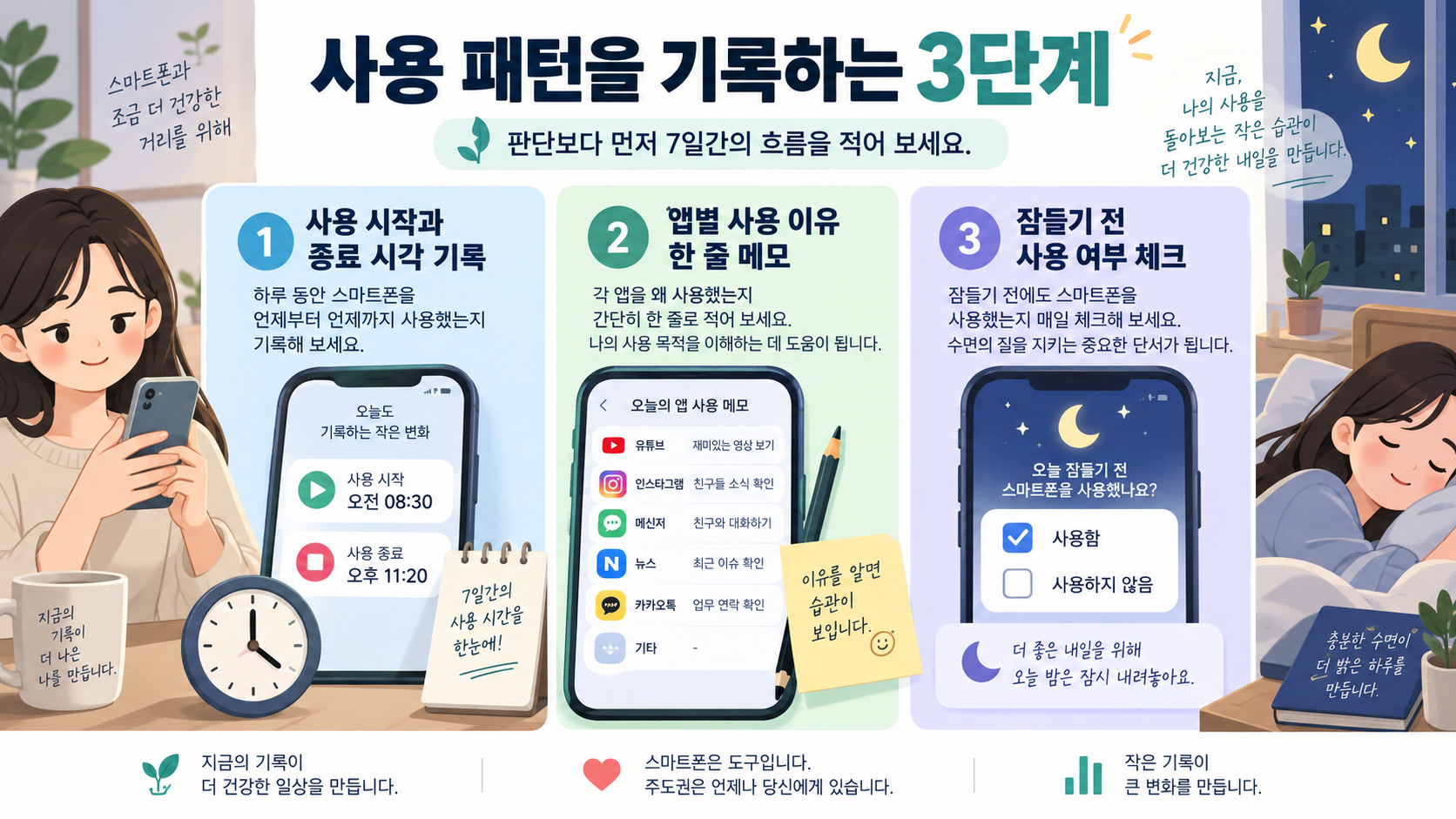 스마트폰 사용 습관을 점검하는 순서를 보여 주는 정보카드