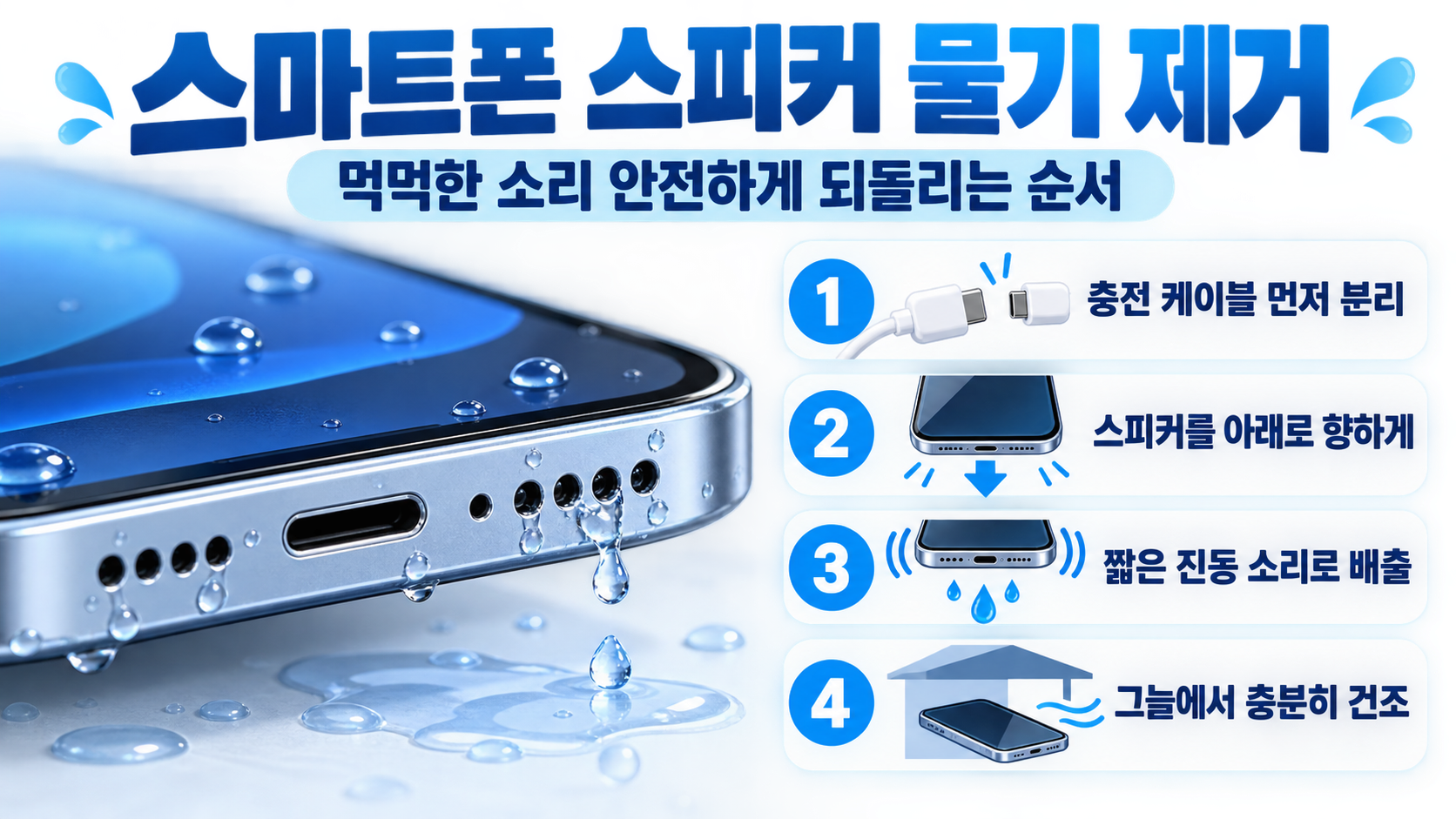 스마트폰 스피커 물기 제거 핵심 순서를 보여주는 정보카드
