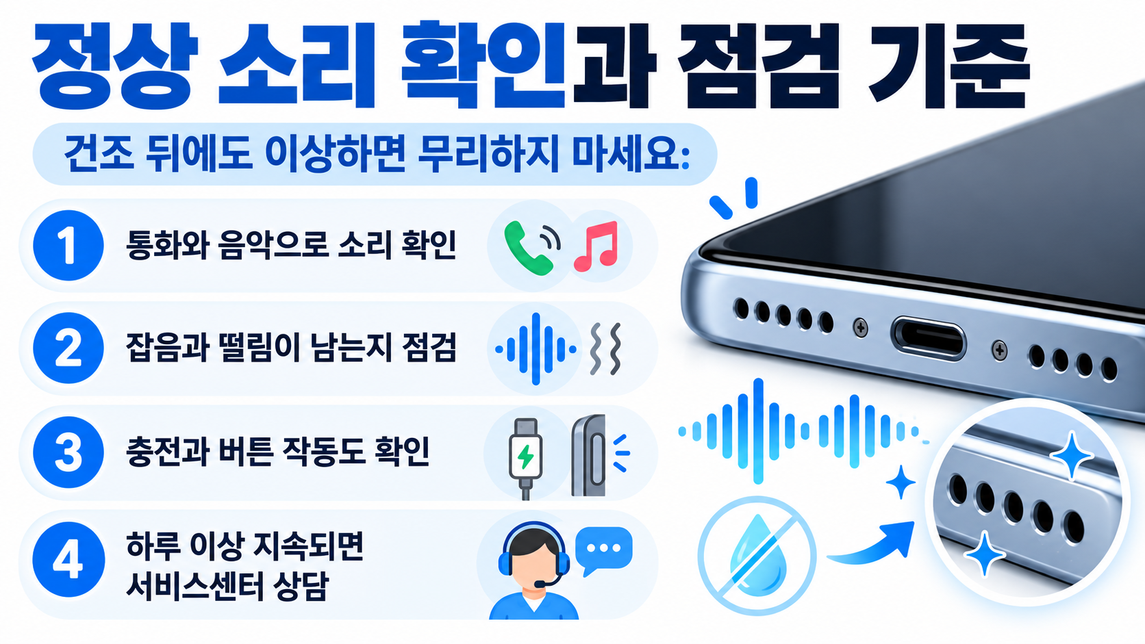 스마트폰 침수 후 피해야 할 행동과 점검 기준 정보카드