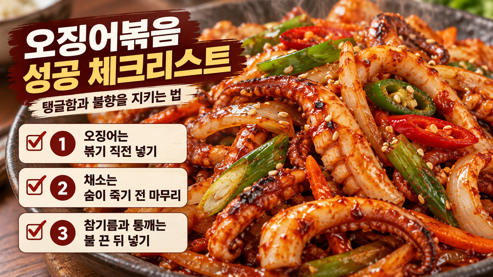 오징어볶음 완성 점검 항목을 보여 주는 정보카드