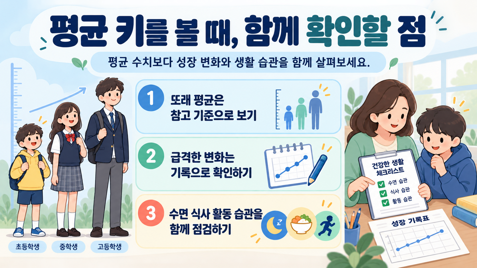학생 평균 키를 건강하게 해석하는 체크리스트 카드