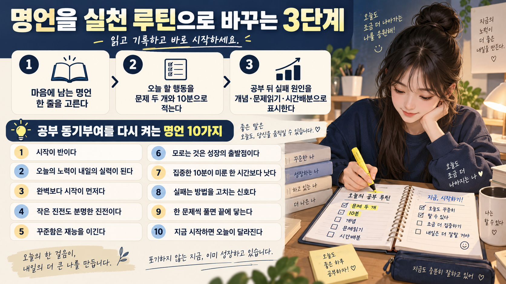 명언을 읽고 10분 공부로 시작하는 단계 정보카드