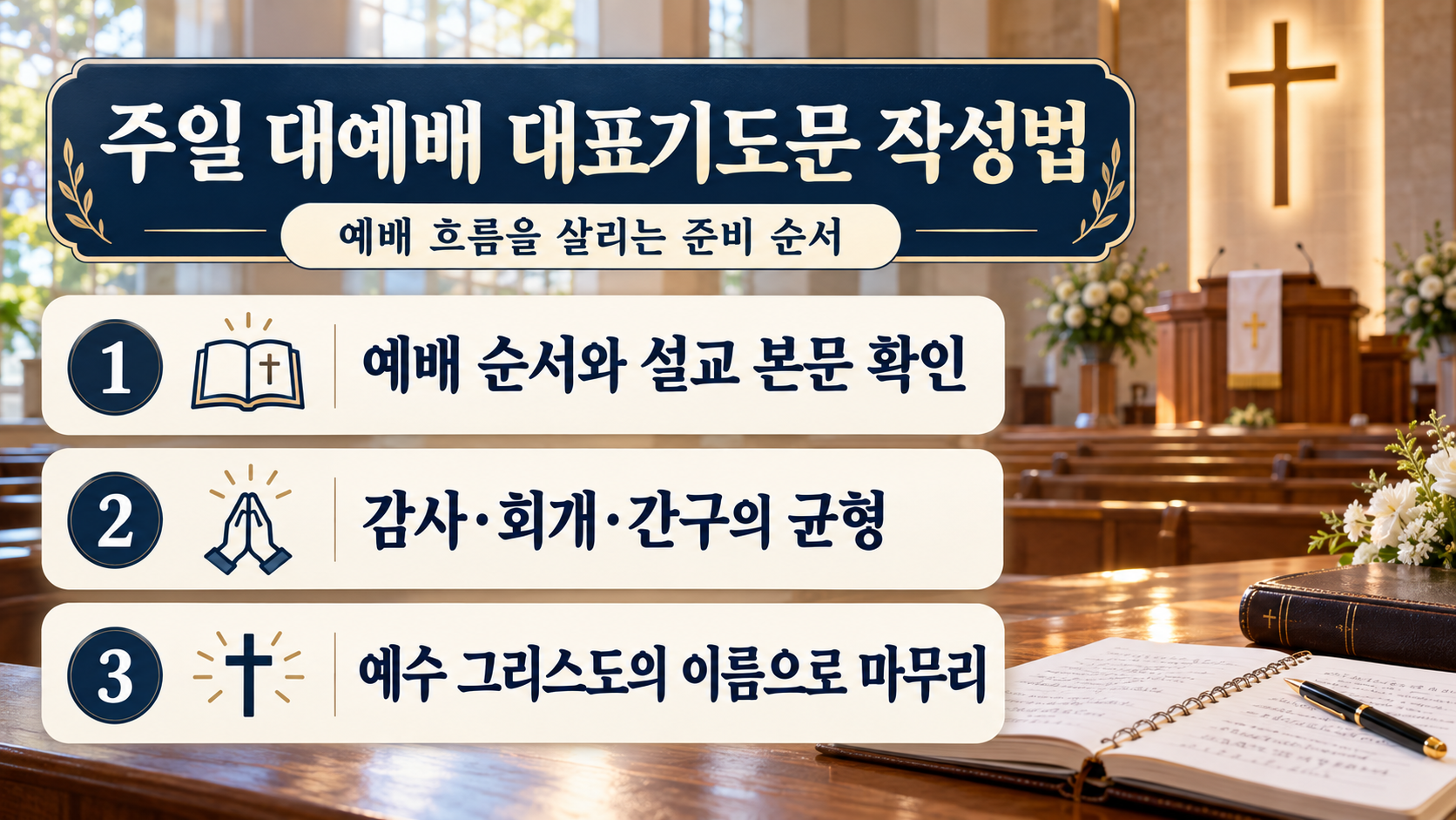 주일 대예배 대표기도문 작성 순서를 정리한 정보카드