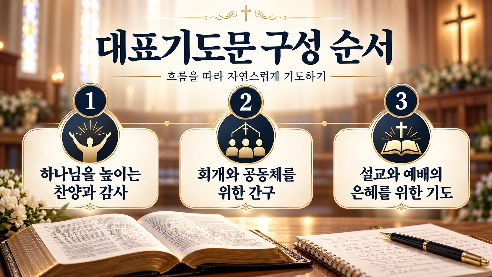 대표기도문 준비 단계와 예배 흐름을 보여주는 정보카드