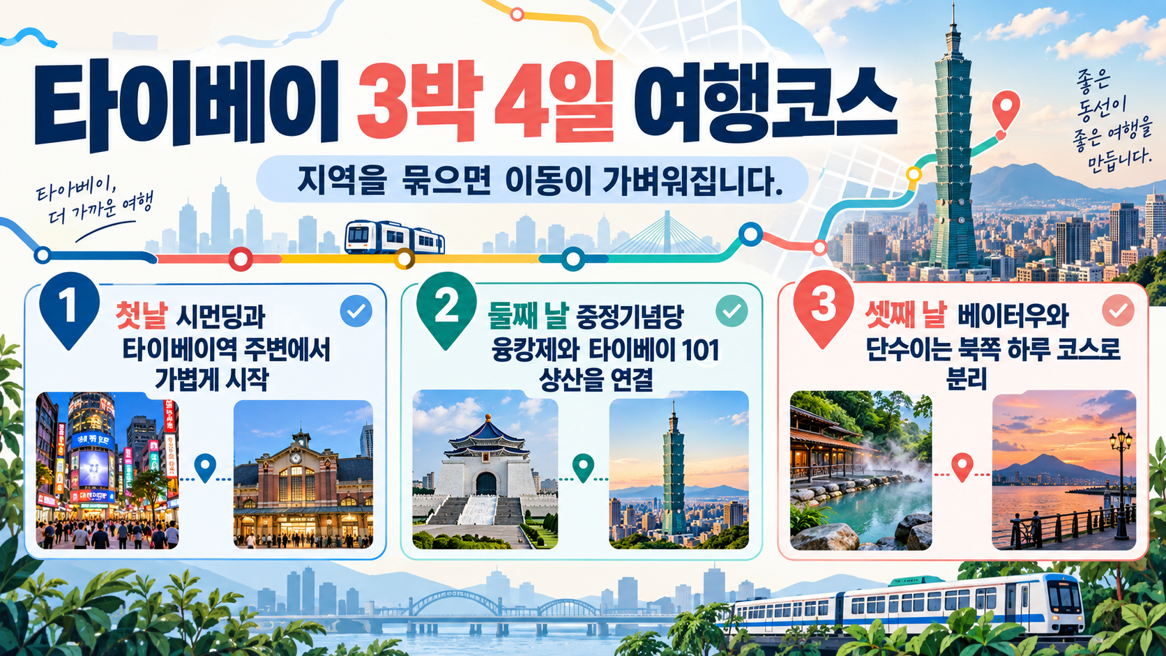 타이베이 3박 4일 여행코스 핵심 동선을 정리한 정보카드