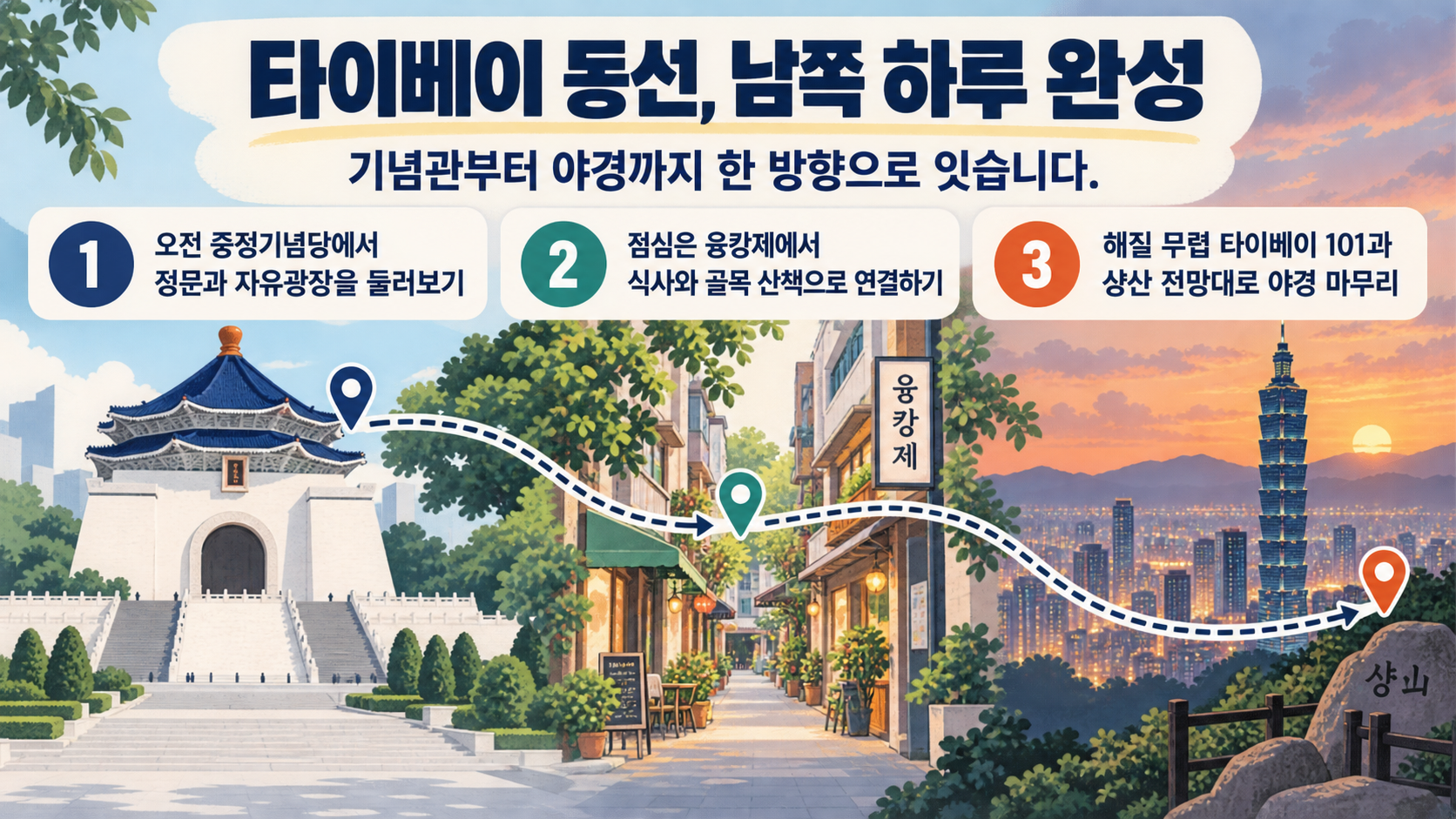 타이베이 여행 일자별 이동 순서를 보여주는 정보카드