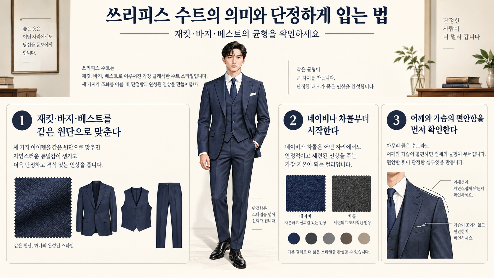 쓰리피스 수트의 구성과 활용법을 정리한 정보 카드
