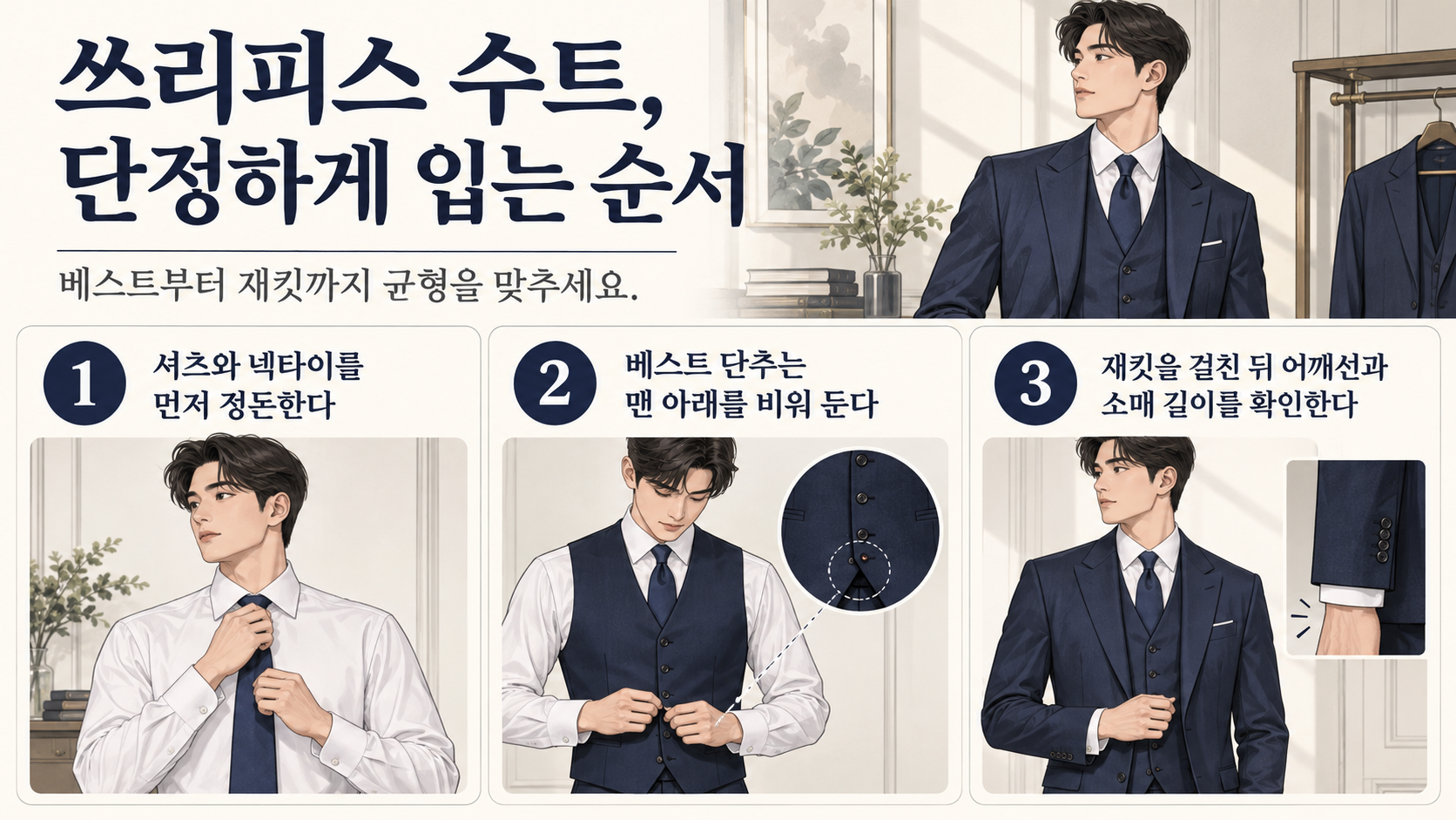 쓰리피스 수트를 입는 순서를 설명하는 정보 카드