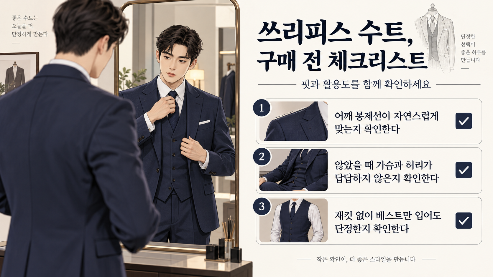 쓰리피스 수트 선택과 관리 기준을 정리한 정보 카드