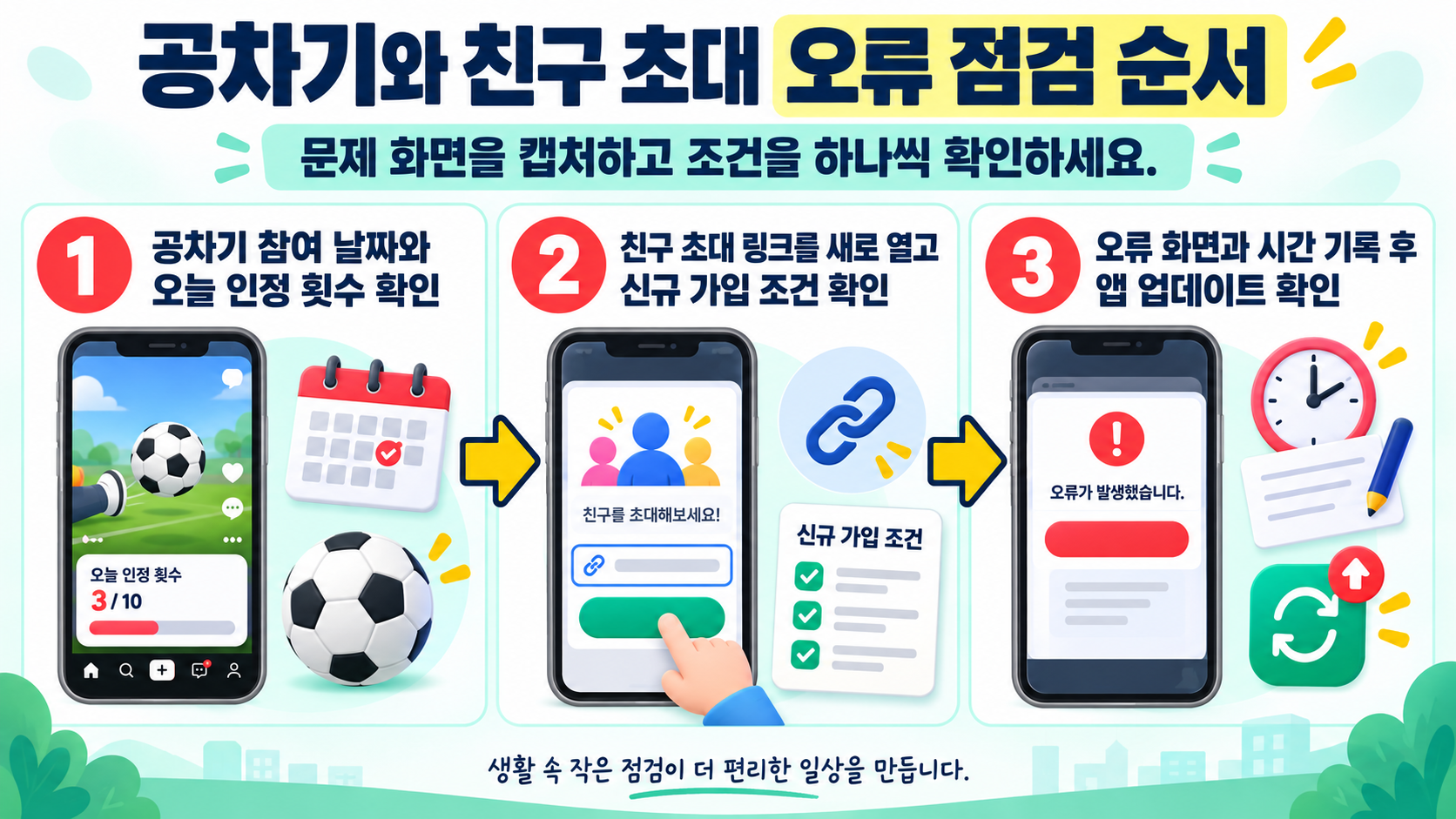 친구 초대 오류 점검 순서를 보여주는 정보카드