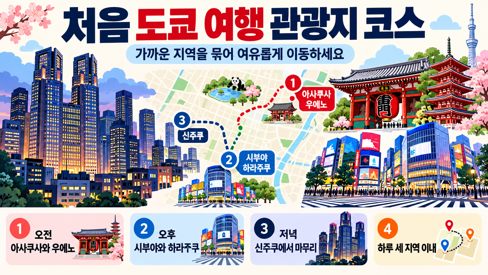 도쿄 첫 여행 하루 관광 코스를 보여주는 정보 카드