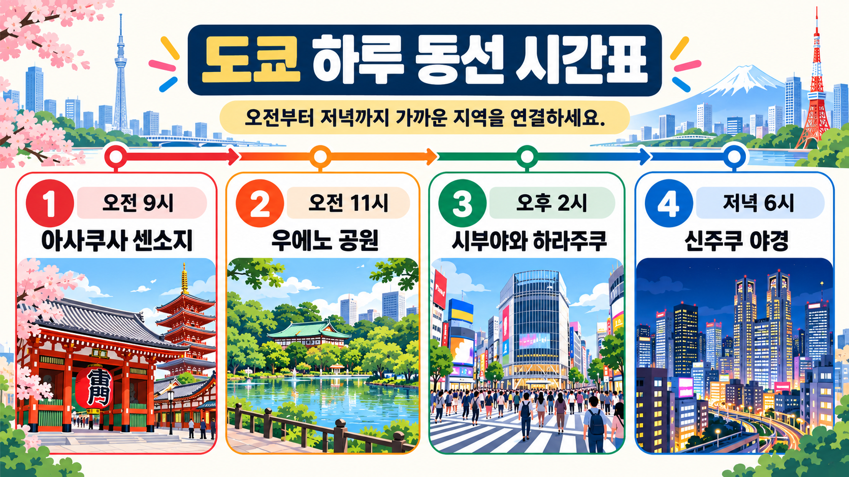 아사쿠사부터 신주쿠까지 시간대별 이동 순서 정보 카드