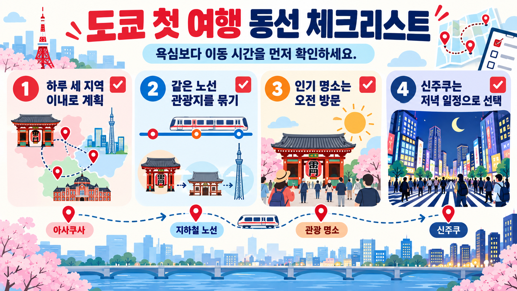도쿄 관광지 선택과 교통 이용 체크리스트 정보 카드