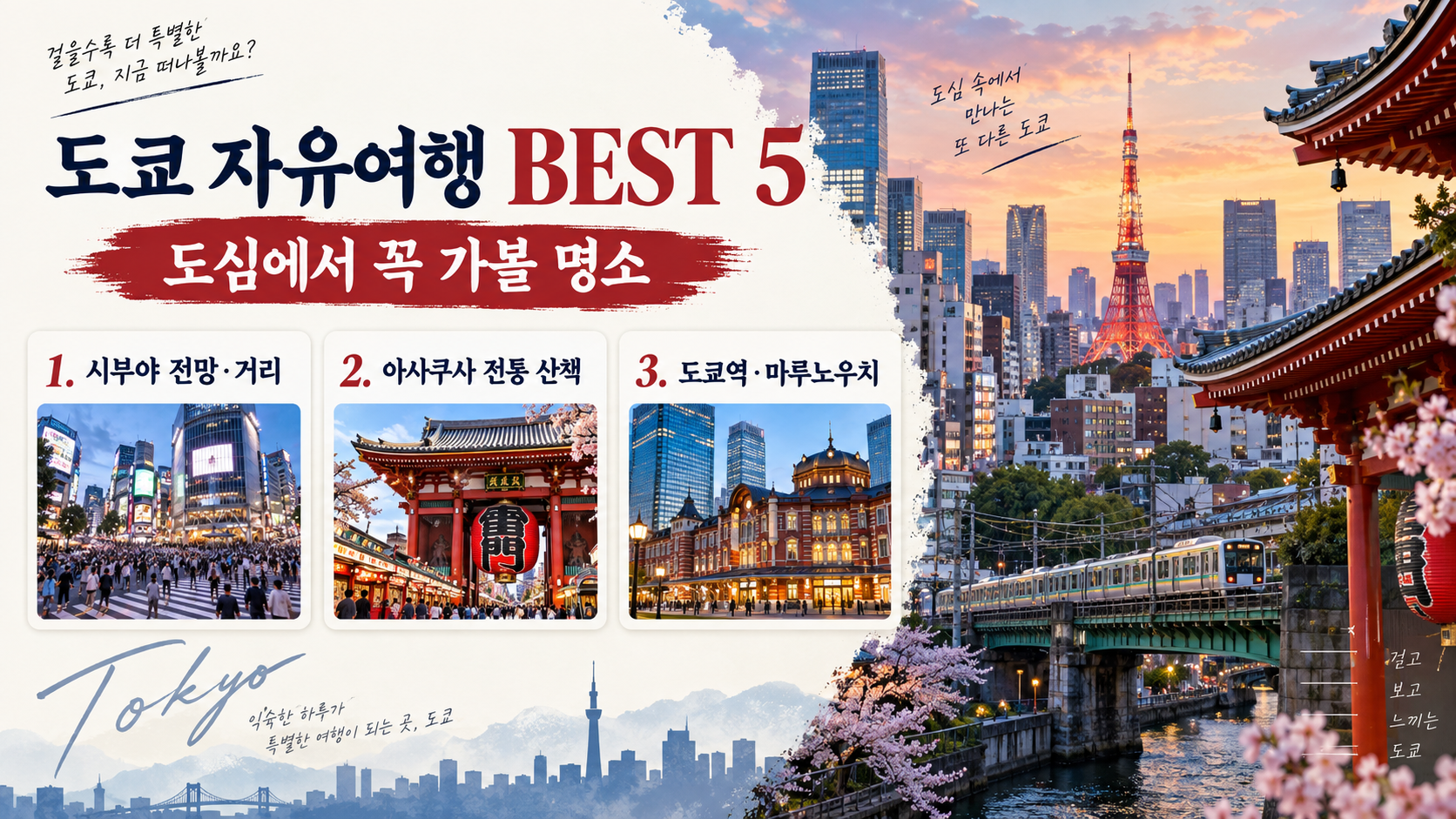 도쿄 시부야 도심과 스크램블 교차로를 표현한 여행 정보 이미지
