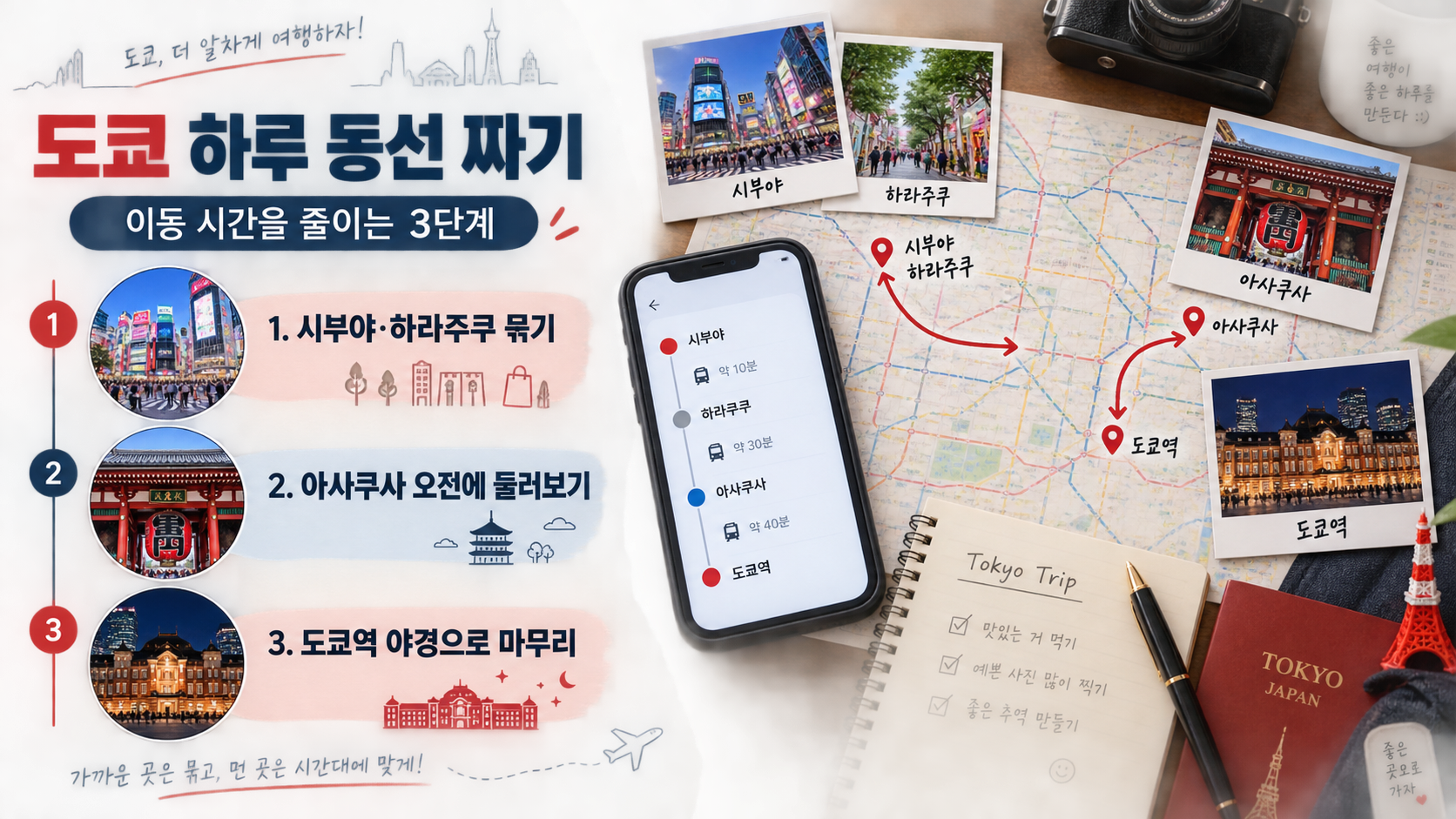 도쿄 아사쿠사에서 시부야까지 이어지는 하루 여행 동선 정보 이미지