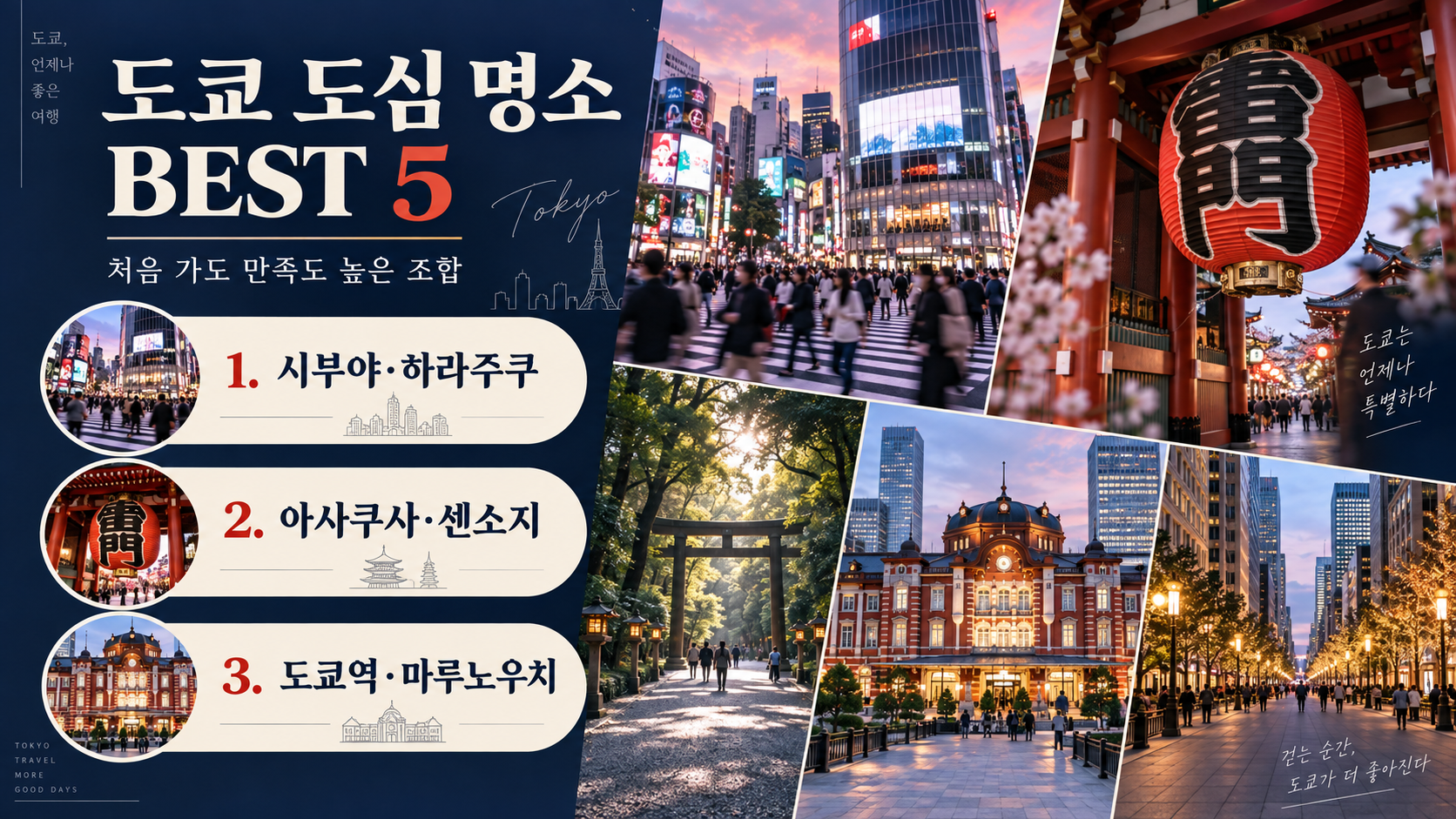 도쿄 여행 명소 다섯 곳을 소개하는 한국형 정보 카드