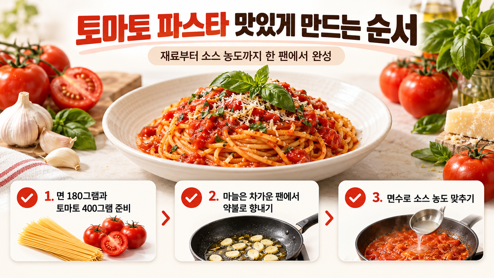 토마토 파스타 재료와 완성 접시