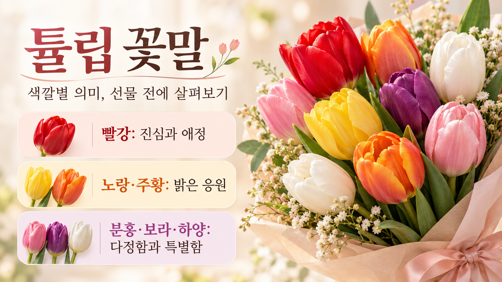 튤립 색깔별 꽃말과 선물 상황을 비교하는 한국형 정보카드