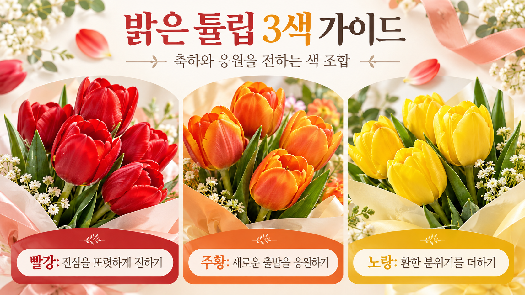 빨강 주황 노랑 튤립의 대표적인 선물 메시지를 정리한 정보카드
