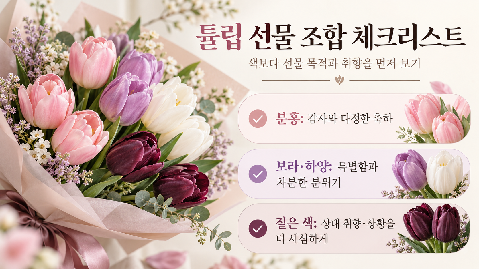 분홍 보라 하양 검정 튤립을 상황별로 고르는 체크리스트 카드