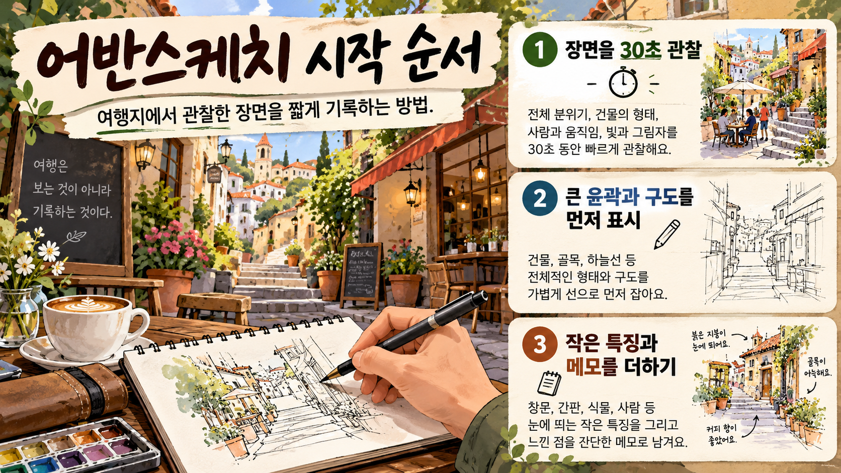 여행지 어반스케치 관찰 순서를 보여주는 정보카드