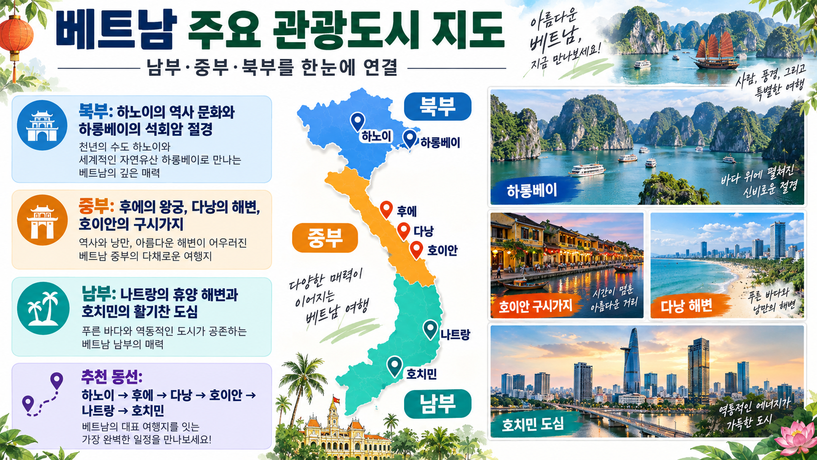 베트남 주요 관광도시를 남부 중부 북부로 나눈 지도형 정보카드