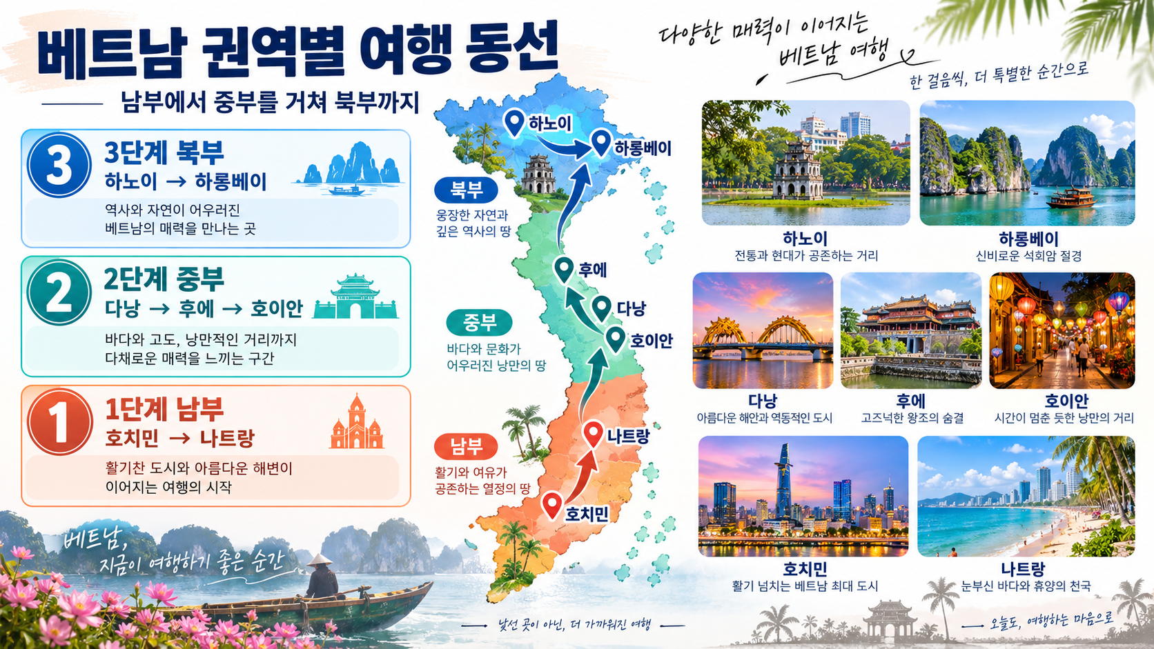 호치민에서 다낭과 후에 호이안으로 이어지는 베트남 여행 동선 정보카드