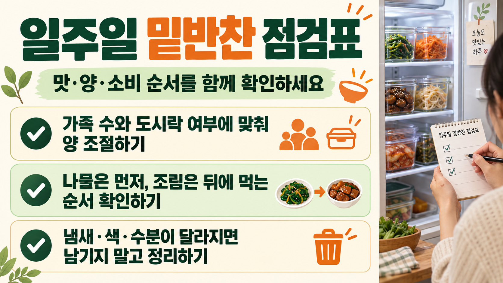 반찬 종류별 보관과 섭취 순서를 정리한 정보카드