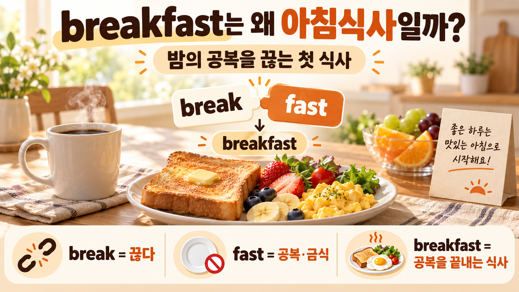 breakfast 어원과 아침식사 영어 핵심을 정리한 한국어 정보카드