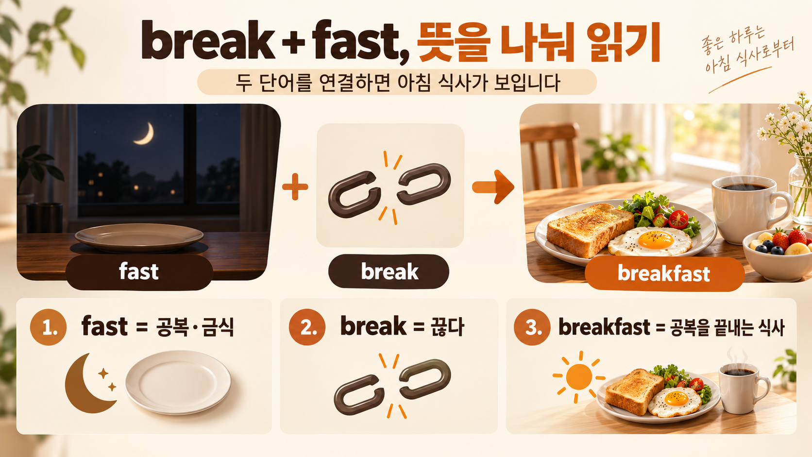 breakfast가 공복을 끊는 식사가 되는 과정을 설명한 한국어 정보카드