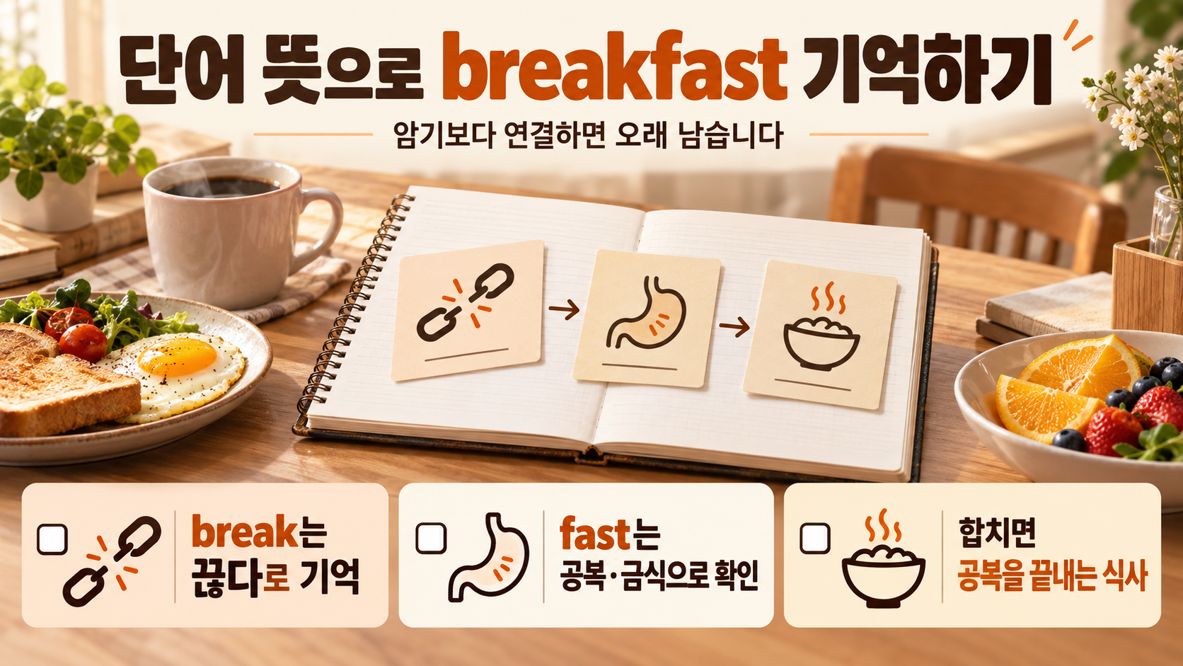 아침식사 영어 표현과 여행 조식 문장을 정리한 한국어 체크리스트 카드
