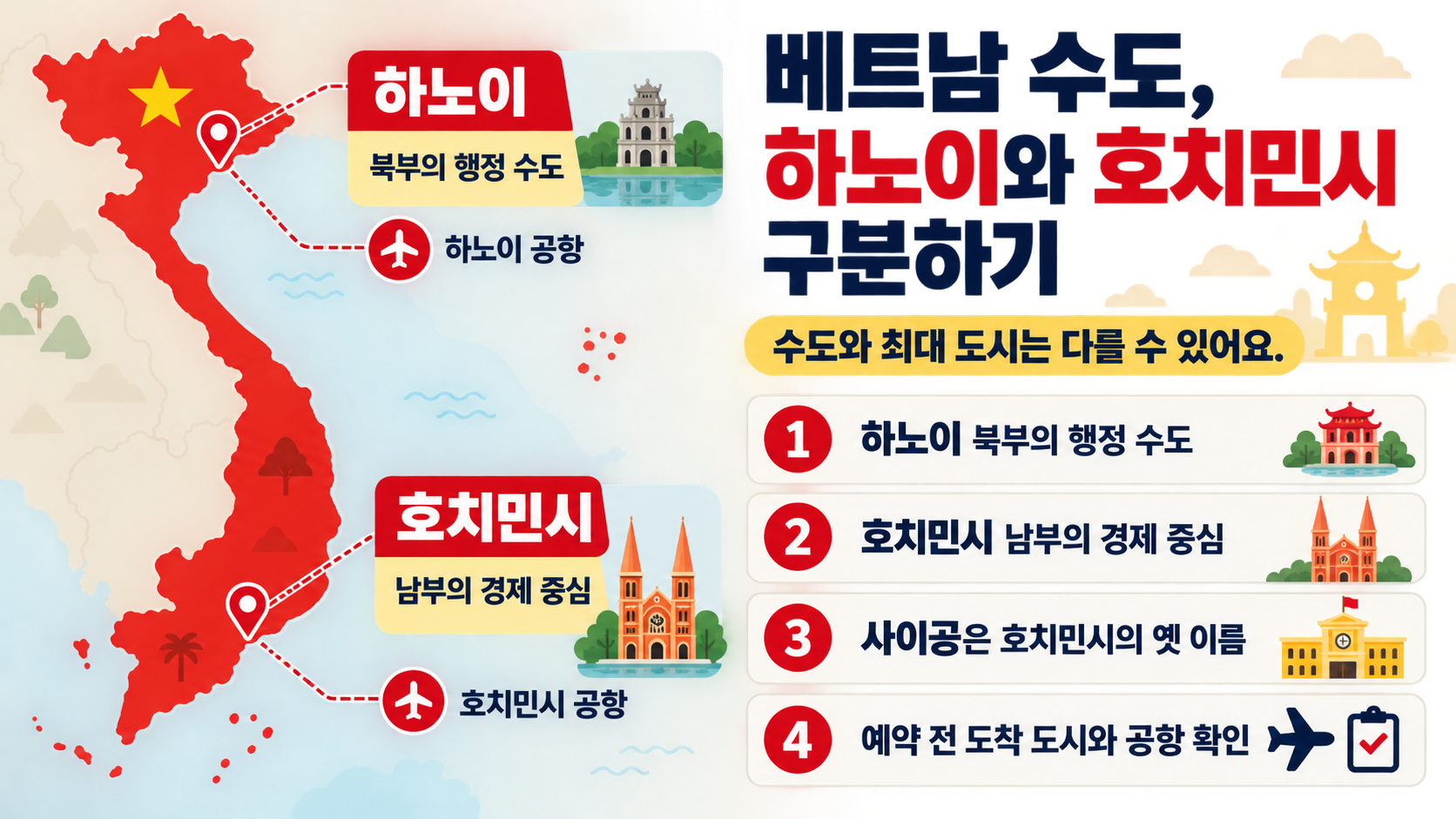 하노이와 호치민시를 비교하는 베트남 수도 정보카드