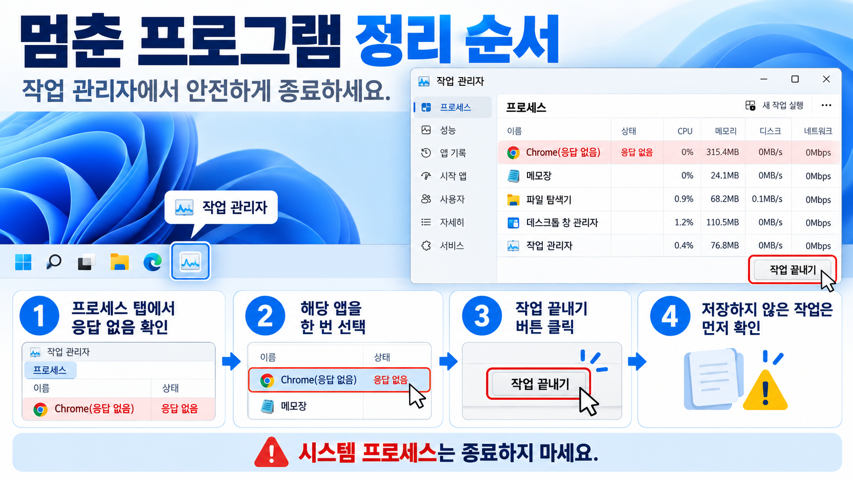 작업 관리자를 열고 멈춘 프로그램을 정리하는 순서 정보 카드