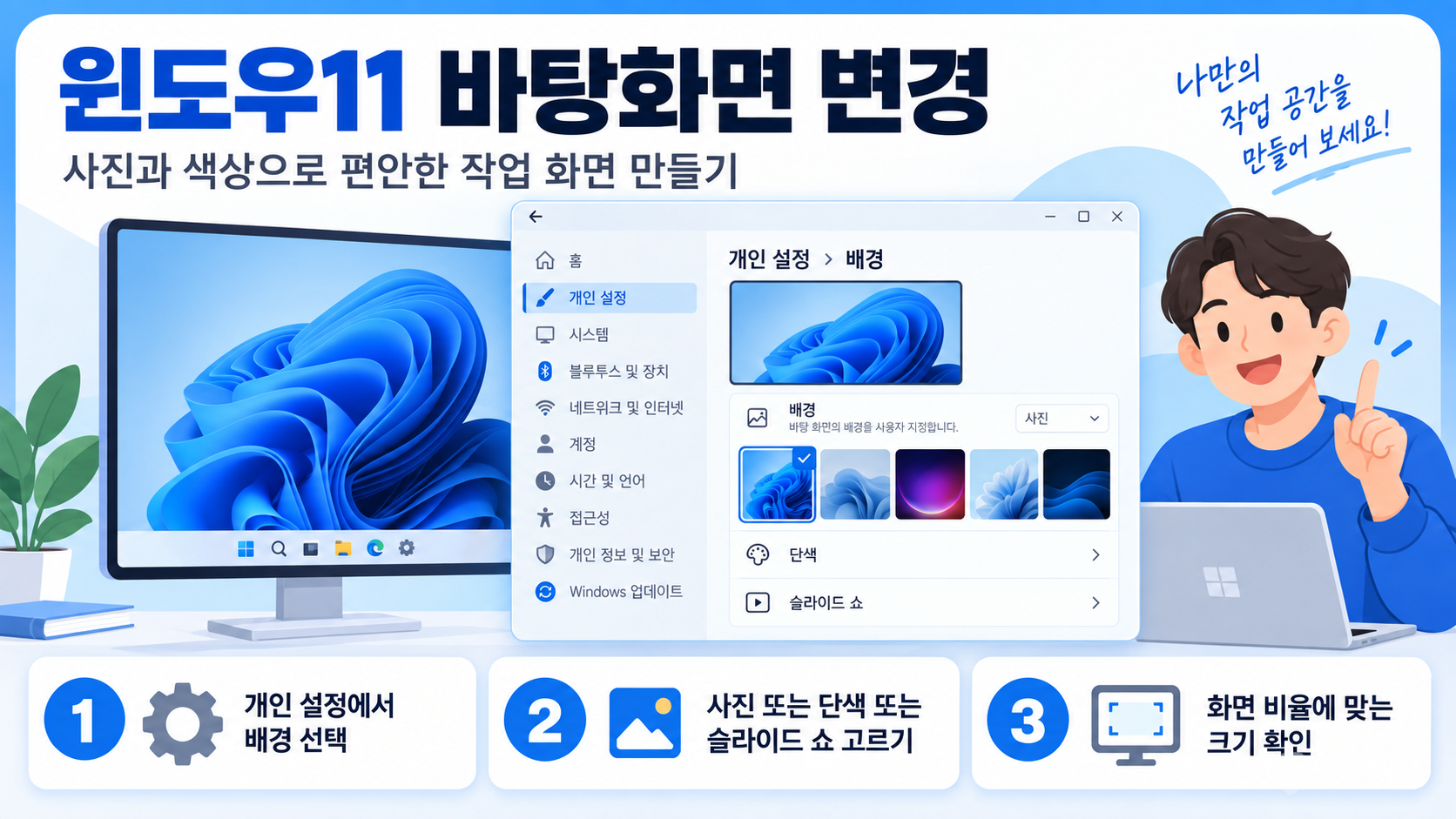 윈도우11 바탕화면 변경 핵심 설정을 안내하는 정보 카드