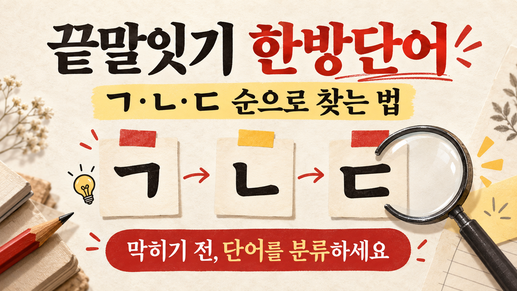 끝말잇기 한방단어를 ㄱ·ㄴ·ㄷ 자음 순으로 찾는 법을 설명하는 한국형 정보카드