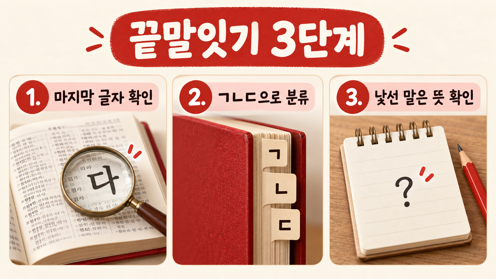 끝말잇기에서 마지막 글자 확인, ㄱㄴㄷ 분류, 낯선 말 뜻 확인의 세 단계를 보여 주는 정보카드