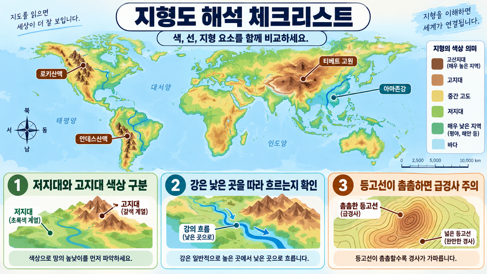 세계 지형 지도 확인 점검표 정보카드