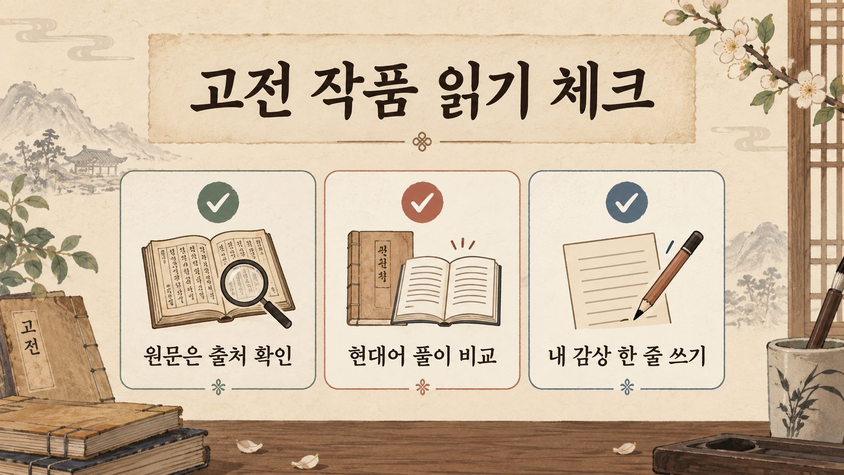 원문 출처 확인, 현대어 풀이 비교, 내 감상 한 줄 쓰기를 안내하는 고전 읽기 정보카드