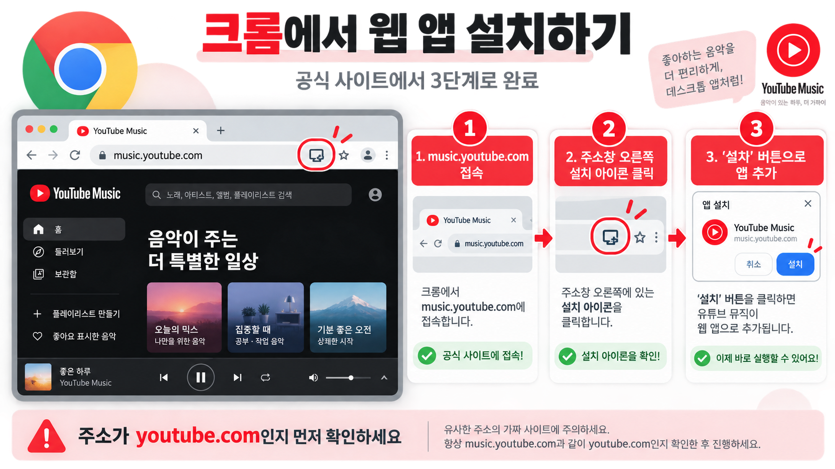 크롬에서 유튜브 뮤직 웹 앱을 설치하는 순서 정보카드